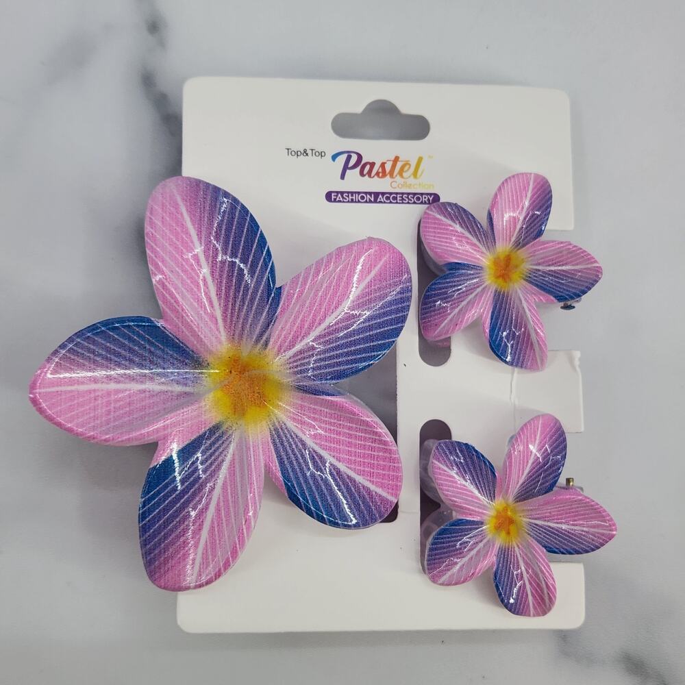 3 pc Hawaiian Flower Claw Clip Set - Hair Accessories Purple & Pink Plumeria